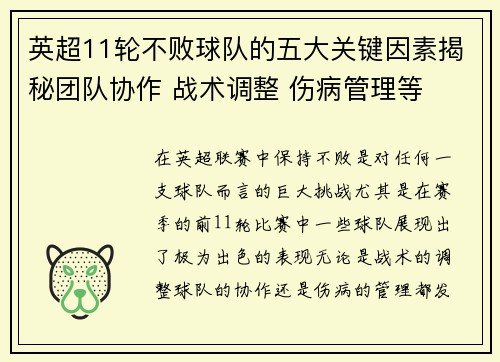 英超11轮不败球队的五大关键因素揭秘团队协作 战术调整 伤病管理等