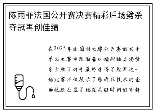 陈雨菲法国公开赛决赛精彩后场劈杀夺冠再创佳绩 陈雨菲法国公开赛决赛精彩后场劈杀夺冠再创佳绩